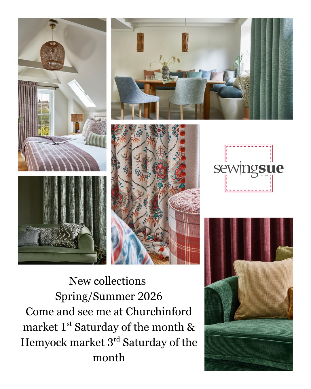Some beautiful new collections from Prestigious textiles. From soft chenille to embroidery and prints. I have two local village markets, Churchinford and Hemyock, both are 10am until 12 noon in the village/parish halls. I would love to see you there!