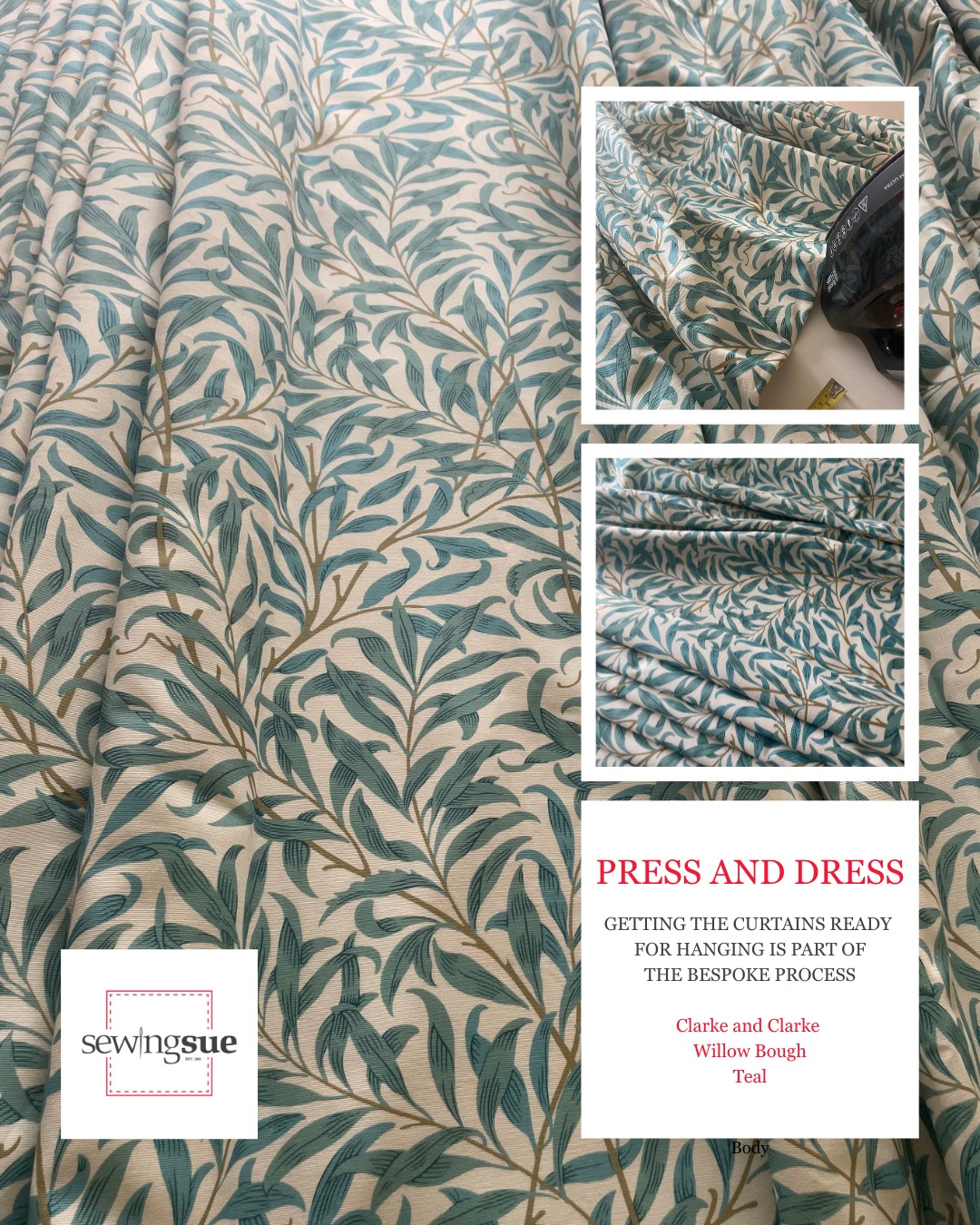 Care has been taken in making these curtains. When the hand stitching and pleating is done the work is not over. The curtains need to be pressed and dressed. Pressing the curtains and creating the pleat folds so they are ready to hang is a very satisfying part of the process in delivering beautiful curtains to your home. #sewingsuehemyock #devoncurtainmaker #williammorrisfabric #blackdownhillscurtainmaker #bespokecurtains
#devoncurtainmaker
